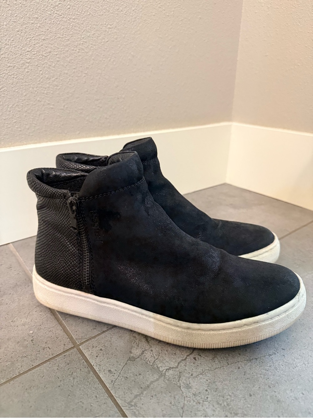 Josef Seibel Black Suede Slip-On Sneaker Boots with White Sole